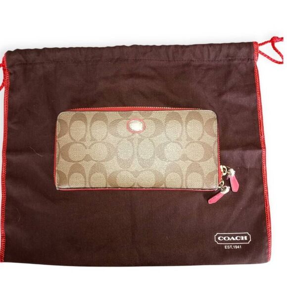Coach Peyton Signature Accordion Zip Wallet Red & Tan W/Dust Bag GUC. - Picture 1 of 14
